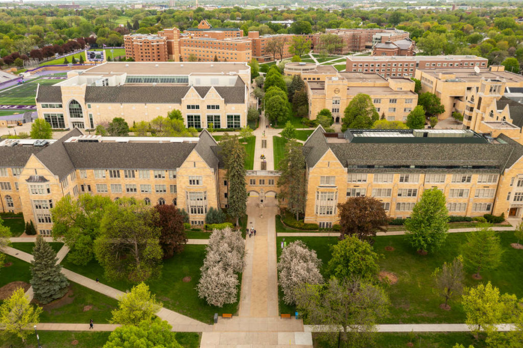 Aerial drone photo of the University of St. Thomas campus,