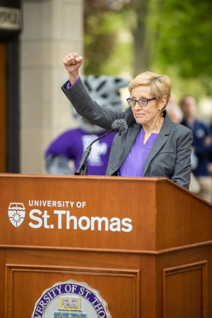 President Sullivan speaks during the March out of the Arches event celebrating graduating seniors on May 20, 2022, in St. Paul.