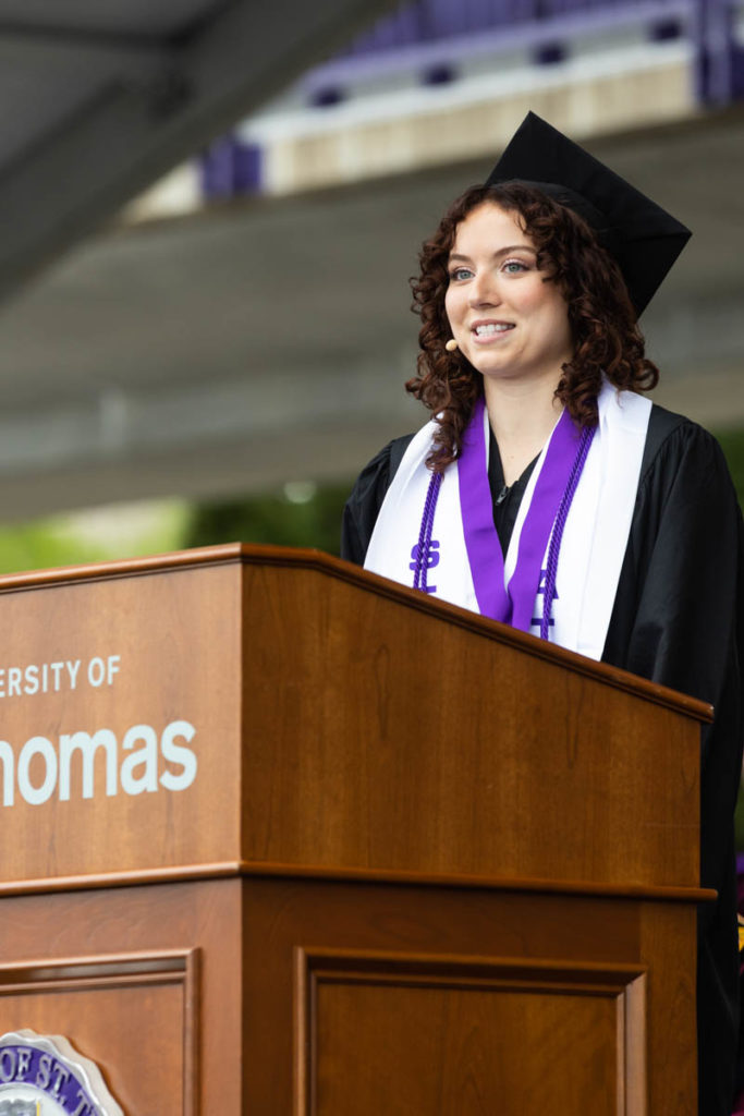 Maggie Schmaltz delivers a speech during the 2022 Undergraduate Commencement Ceremony for the College of Arts and Sciences on May 21, 2022, in St. Paul.