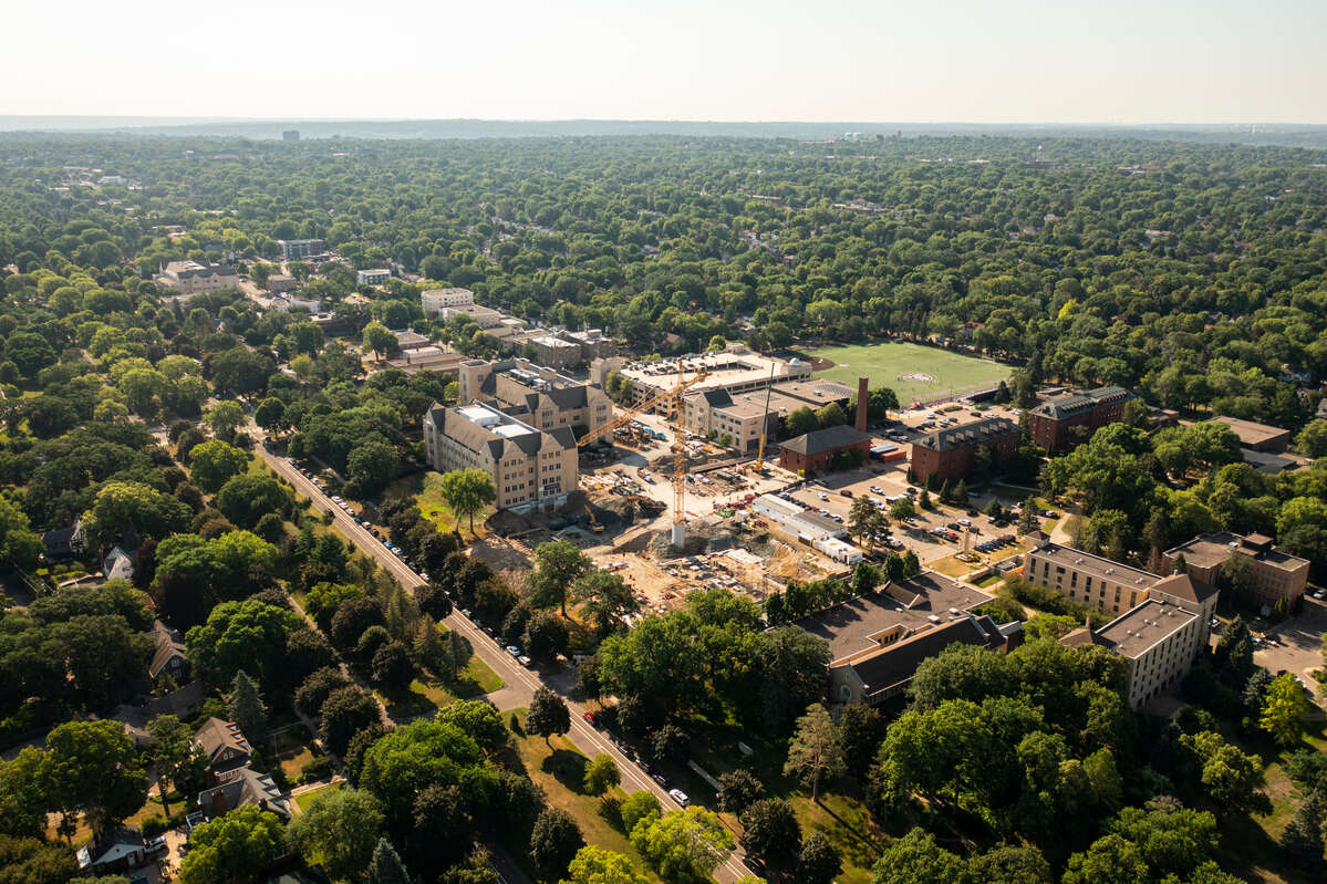 An aerial photo of construction crews working on the Schoenecker Center on south campus. Mark Brown/University of St. Thomas