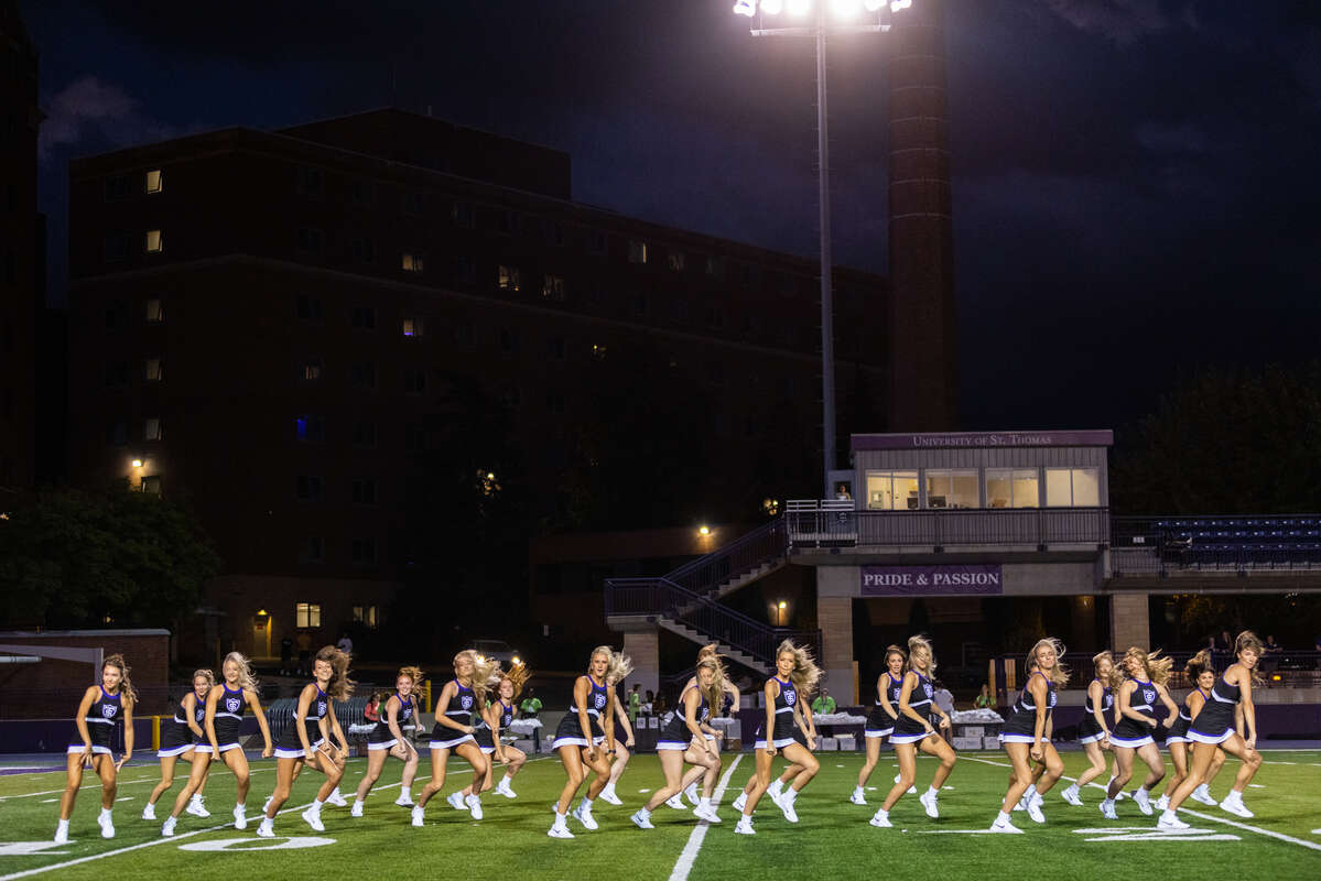 Members of the dance team perform during the 2023 Pep Rally at O’Shaughnessy Stadium. Mark Brown/University of St. Thomas