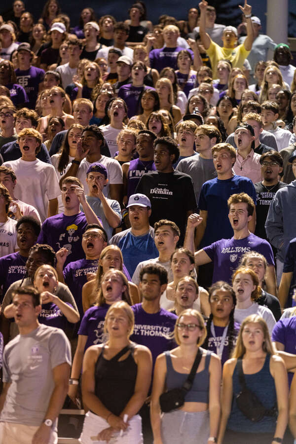 Students cheer during the 2023 Pep Rally at O’Shaughnessy Stadium. Mark Brown/University of St. Thomas