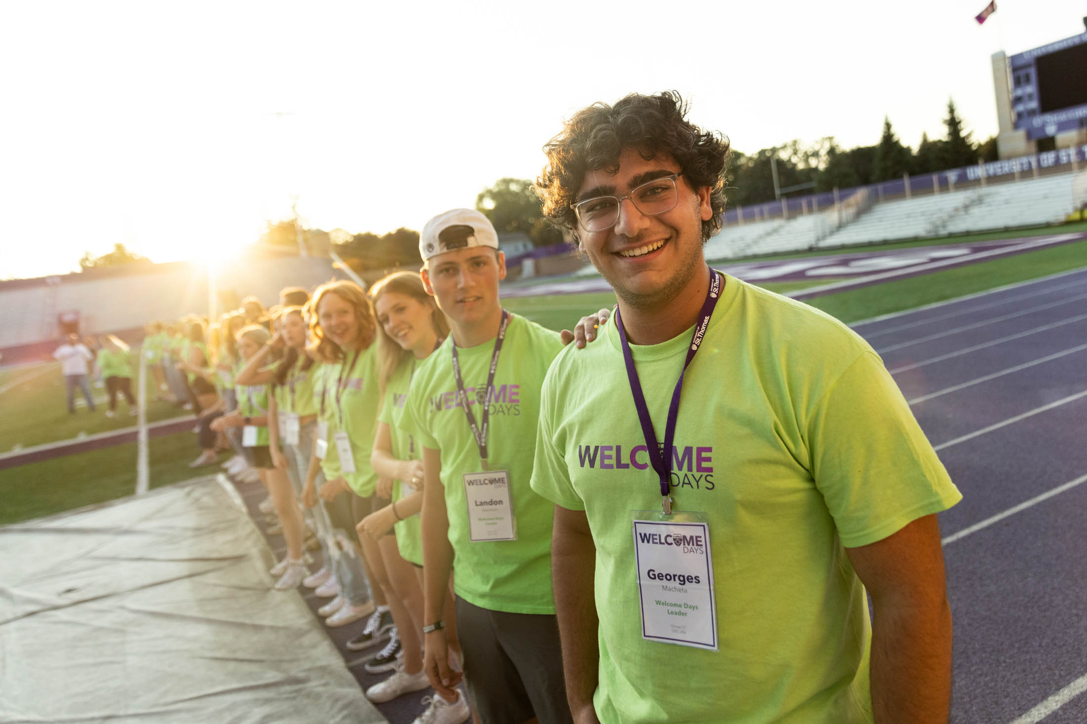 Welcome Days student workers welcome students during the Great Tommie Get Together in O’Shaughnessy Stadium on September 4, 2023, in St. Paul.