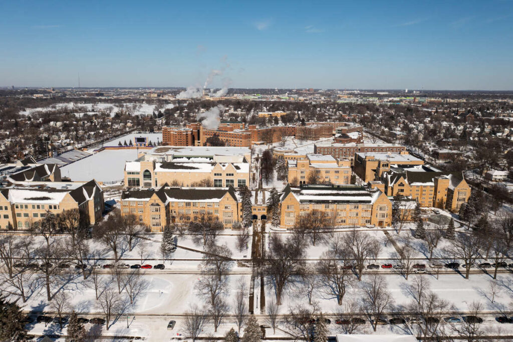 Fresh snow coats campus on a cold, sunny winter day. Mark Brown/University of St. Thomas