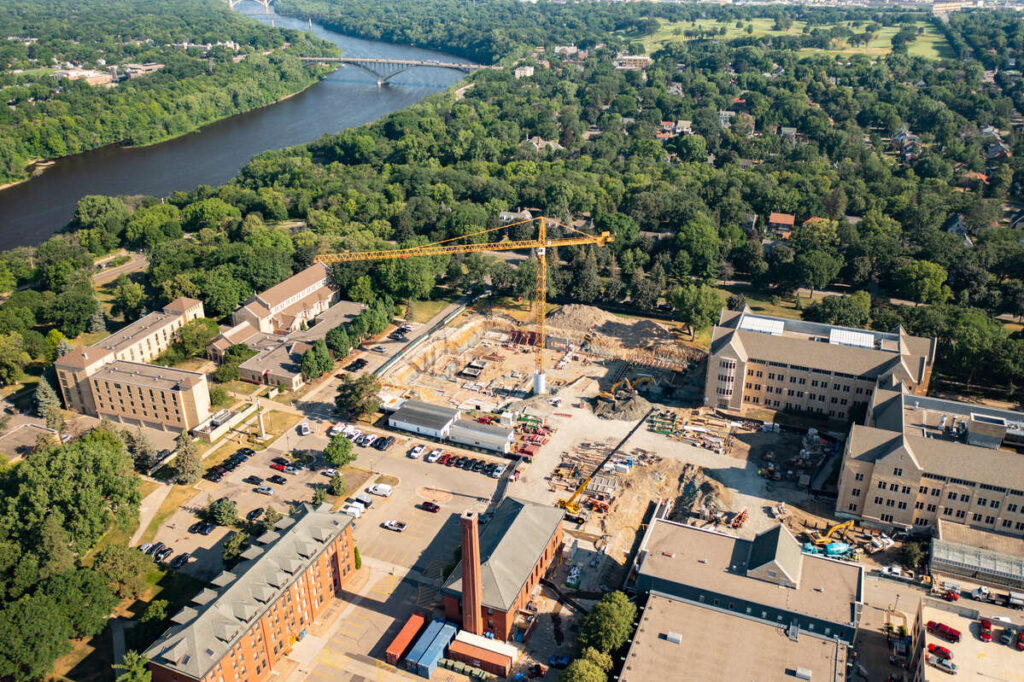 Aerial drone photos of the construction of the Schoenecker Center. Mark Brown/University of St. Thomas