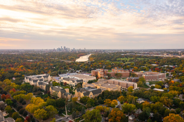 A fall sunset shines over campus on a beautiful fall evening on October 3, 2022, in St. Paul.