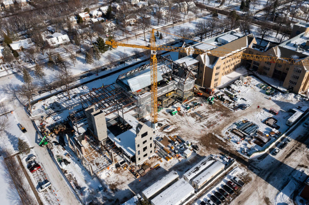 Aerial drone views of the Schoenecker Center under construction on south campus. Nick Clausen/University of St. Thomas