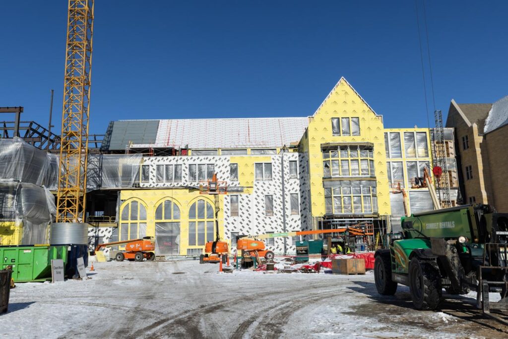 Construction work continues on the Schoenecker Center STEAM complex on south campus on January 26, 2023, in St. Paul.