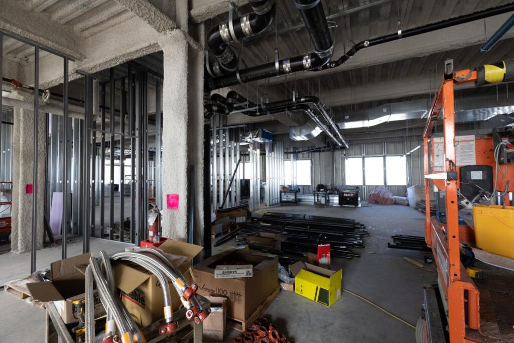 Construction work continues on the Schoenecker Center STEAM complex on south campus on January 26, 2023, in St. Paul.
