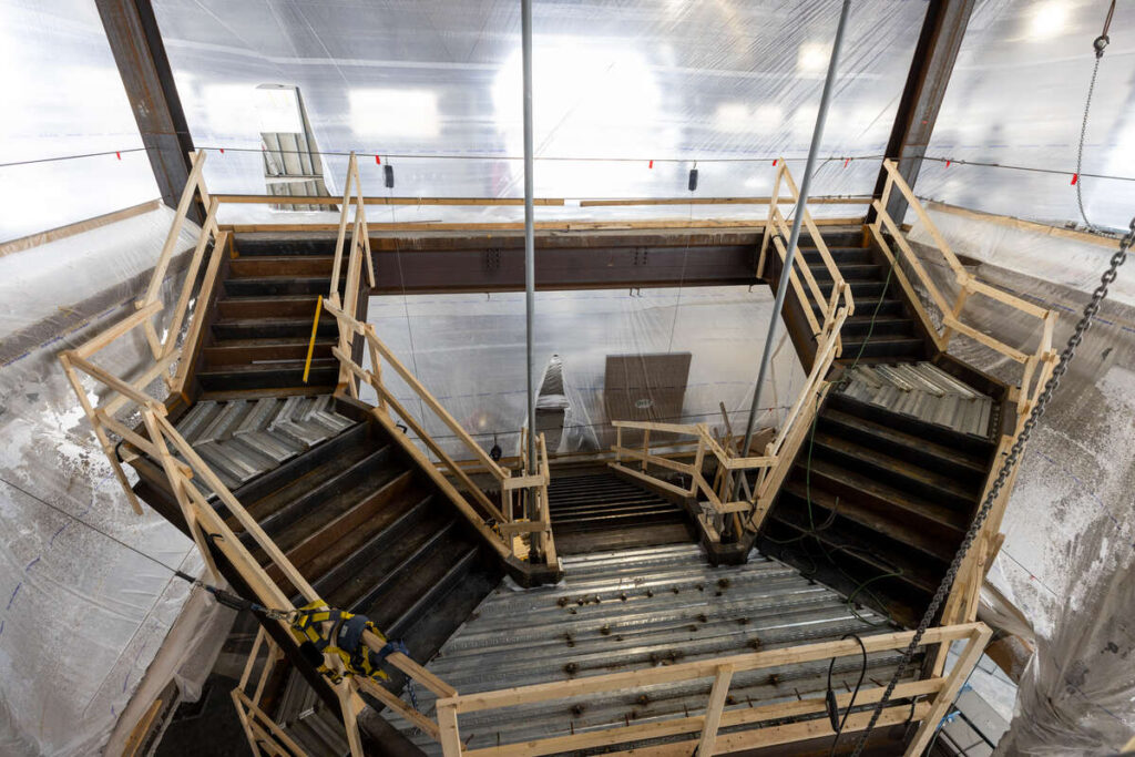 The grand staircase under construction at the Schoenecker Center STEAM complex on south campus. Brandon Woller/University of St. Thomas