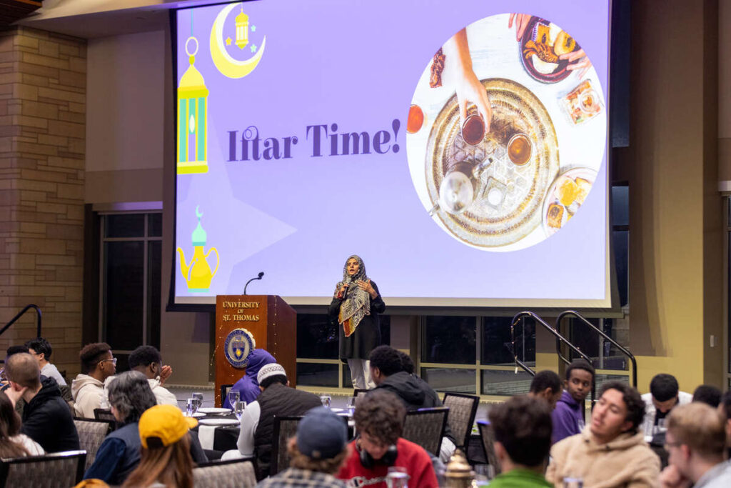 Sadaf Rauf Shier, PhD. Speaking at the Muslim Student Association Ramadan Iftar Dinner. Brandon Woller/University of St. Thomas