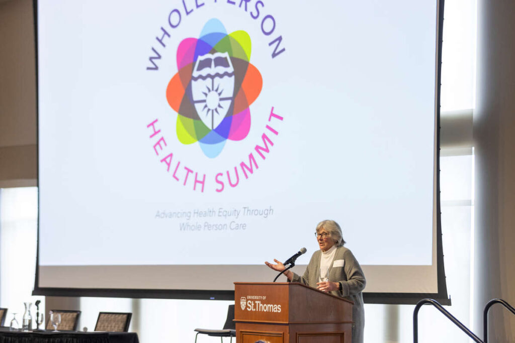 Keynote Speaker, Jan Malcolm, Former Commissioner, Minnesota Department of Health, speaking at the Whole Person Health Summit. Brandon Woller/University of St. Thomas