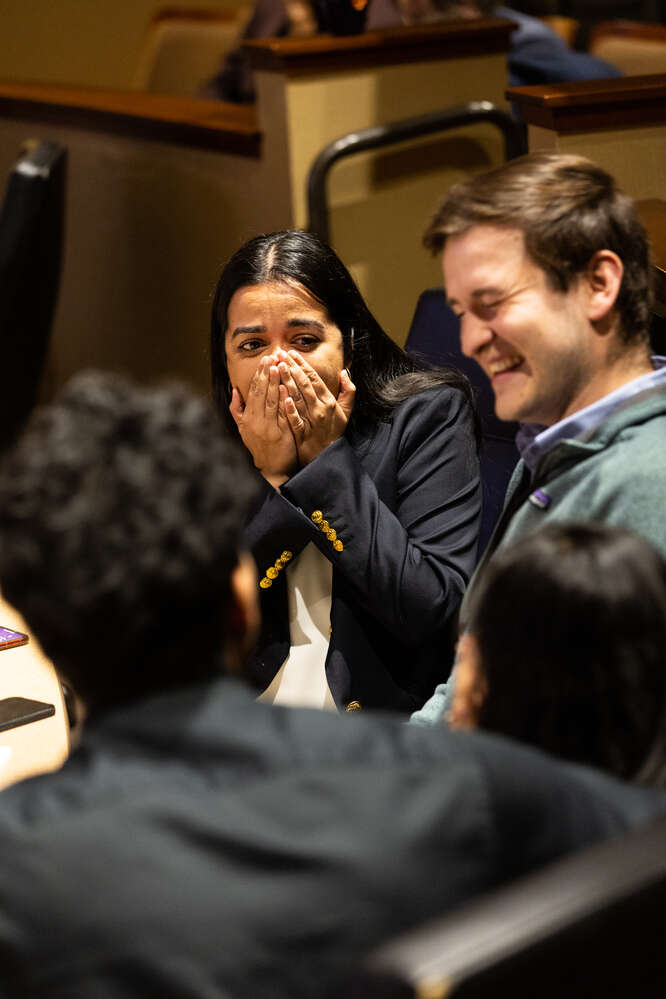 A student reacts after her team took first place during the e-Fest 2023 Championship Round. Mark Brown/University of St. Thomas