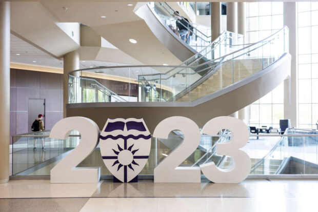 Life-size 2023 graduating class year numbers in Anderson Student Center