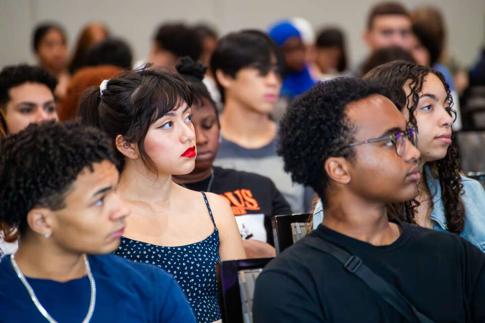 New Dougherty Family College scholars listen to an introduction from St. Thomas Executive Vice President and Provost Eddy Rojas at the Summer Enrichment Program at the St. Paul campus on Thursday, August 24, 2023.