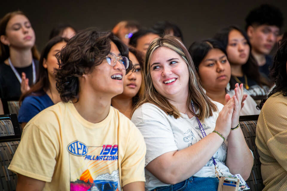 New Dougherty Family College scholars listen to an introduction from St. Thomas Vice President and Provost Eddy Rojas at the Summer Enrichment Program at the St. Paul campus on Thursday, August 24, 2023.