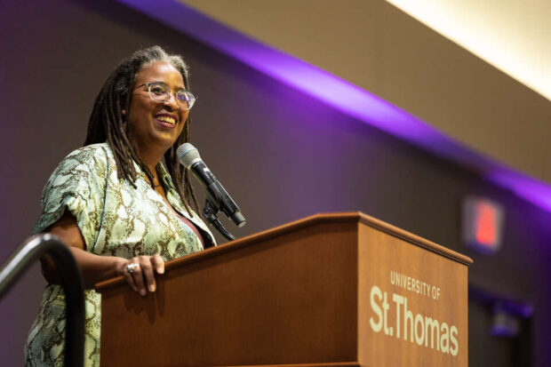 Author Camille Dungy speaks in the Anderson Student Center during an event sponsored by the English Department on October 5, 2023, in St. Paul.