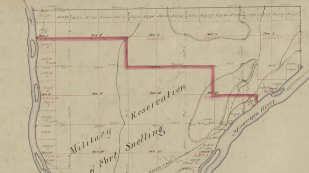 This map shows the land purchased by Zebulon Pike from the Dakota on behalf of the U.S. government in 1805.