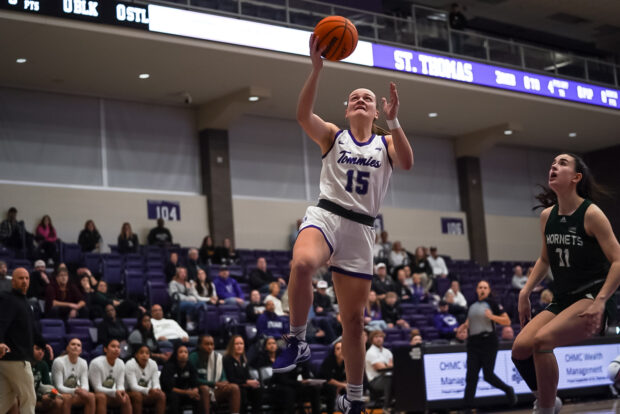 Junior Phoebe Frentzel and the University of St. Thomas women's basketball team face Sacramento State on Wednesday night in the first game of the Big Sky-Summit Challenge. After an outstanding start in Summit League play last week, the Tommies stayed hot Wednesday evening, as they upended the visiting Hornets 70-52.