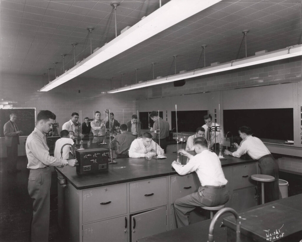 Students in a 1947 science lab.