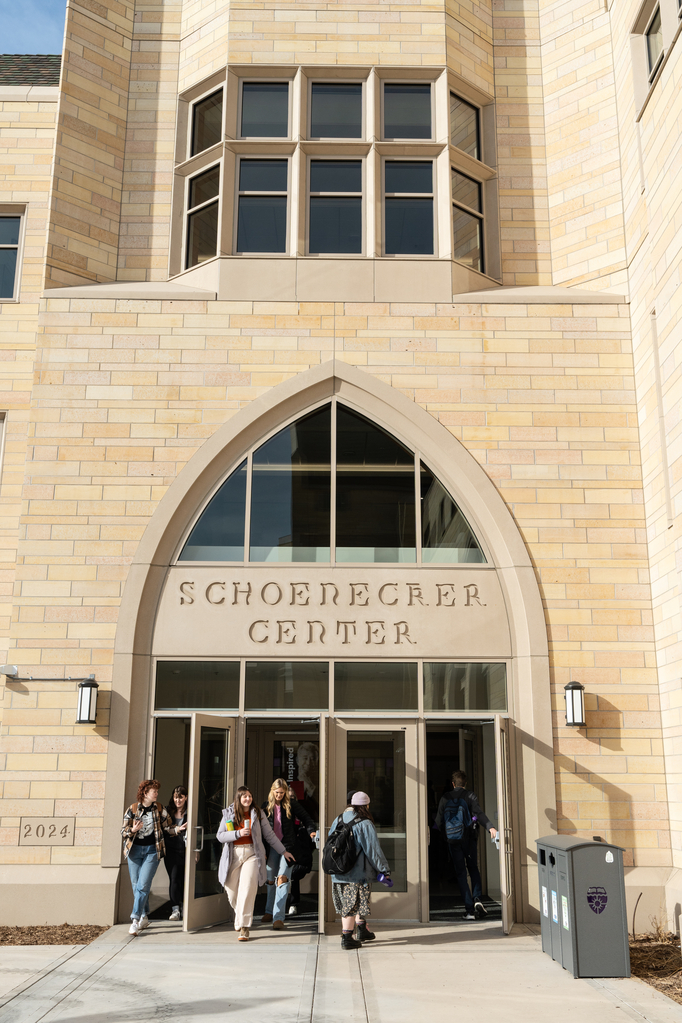 Students walk into Schoenecker Center on the first day of spring semester on February 5, 2024, in St. Paul.