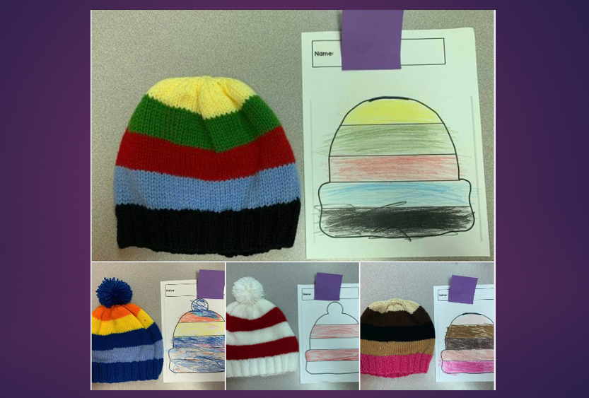 Drawings of hats next to the real custom-knitted creations from Debbie Monson