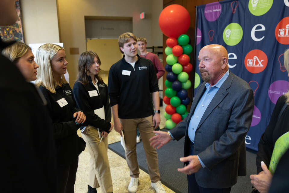 Dick Schulze speaks with students at the 2024 e-Fest