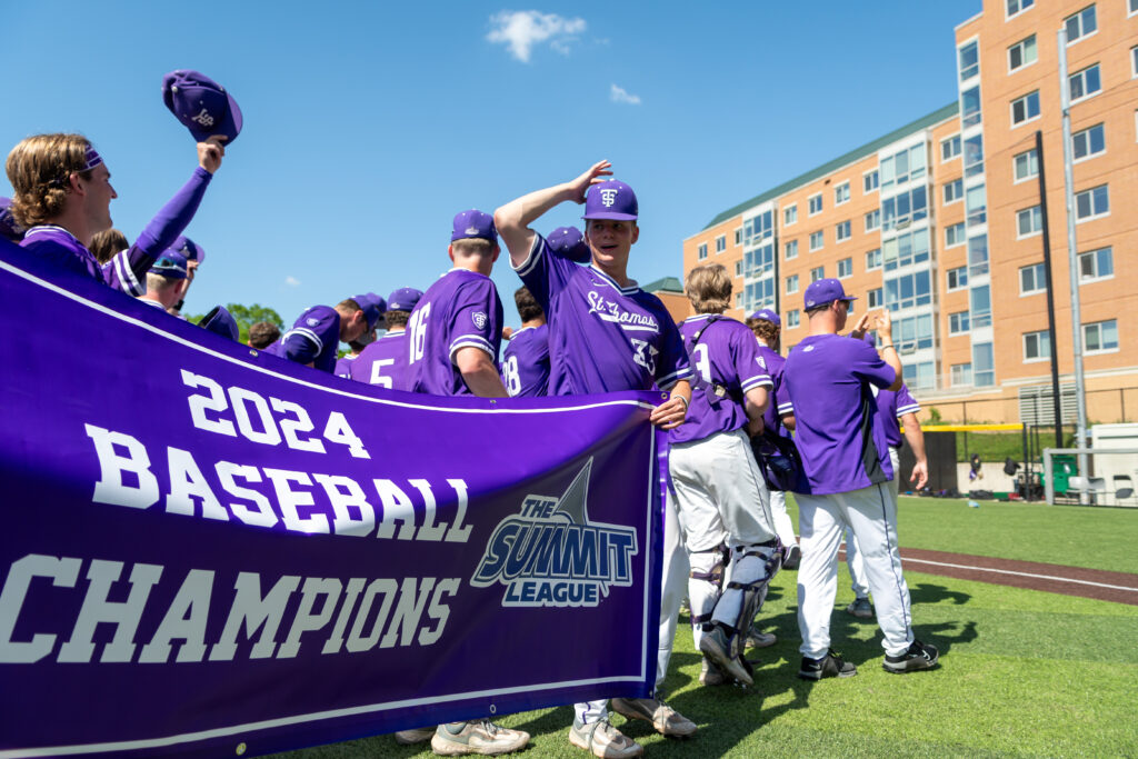 The Tommie Baseball team celebrates after clinching their first Summit League Championship Title.