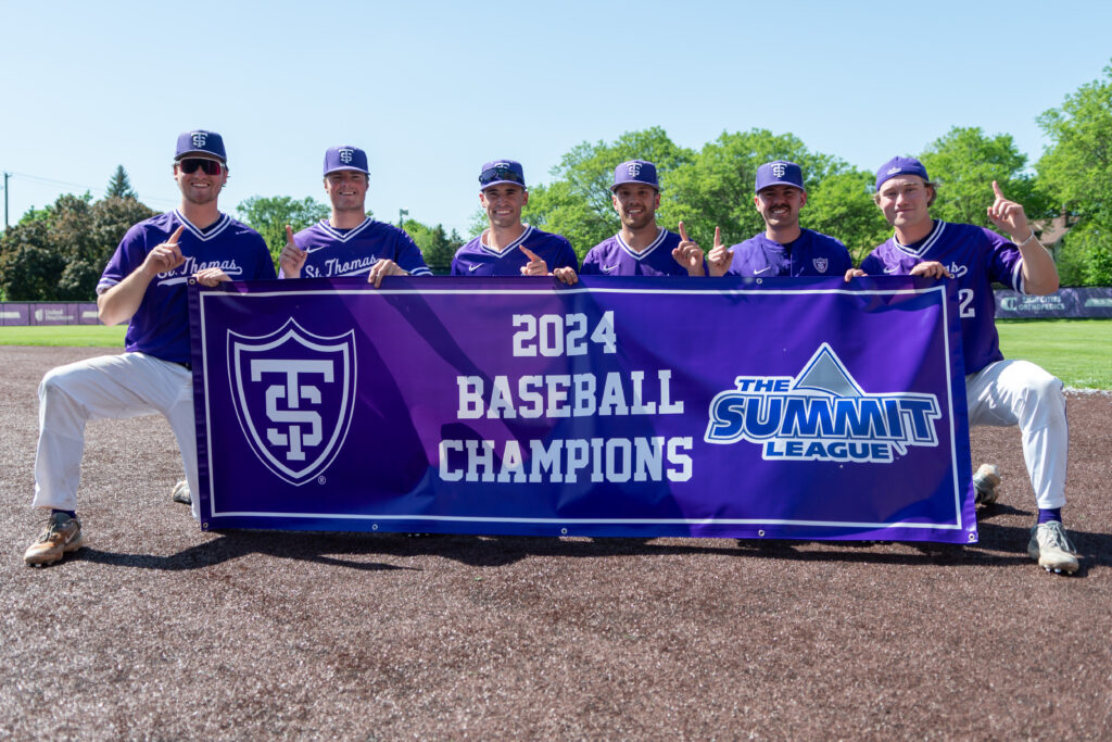 The Tommie Baseball team celebrates after clinching their first Summit League Championship Title.