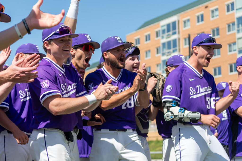 The Tommie Baseball team celebrates after clinching their first Summit League Championship Title.