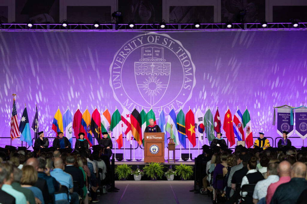 President Rob Vischer speaks during the 2024 Morrison Family College of Health, School of Education and School of Engineering Undergraduate Commencement Ceremony.