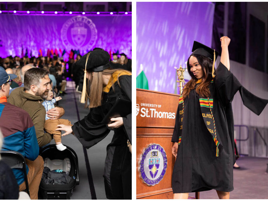Students celebrate during the Morrison Family College of Health & Opus College of Business Graduate Commencement Ceremony.