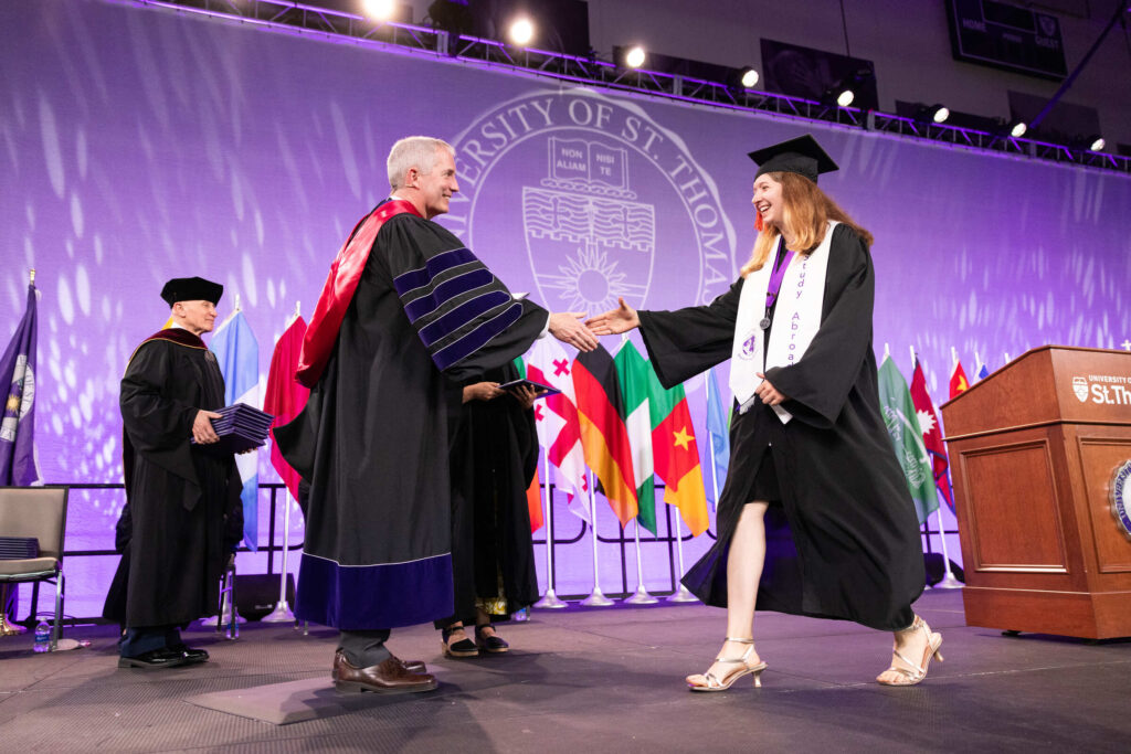 President Rob Vischer during the 2024 Morrison Family College of Health, School of Education and School of Engineering Undergraduate Commencement Ceremony on the quad in St. Paul on May 25, 2024.