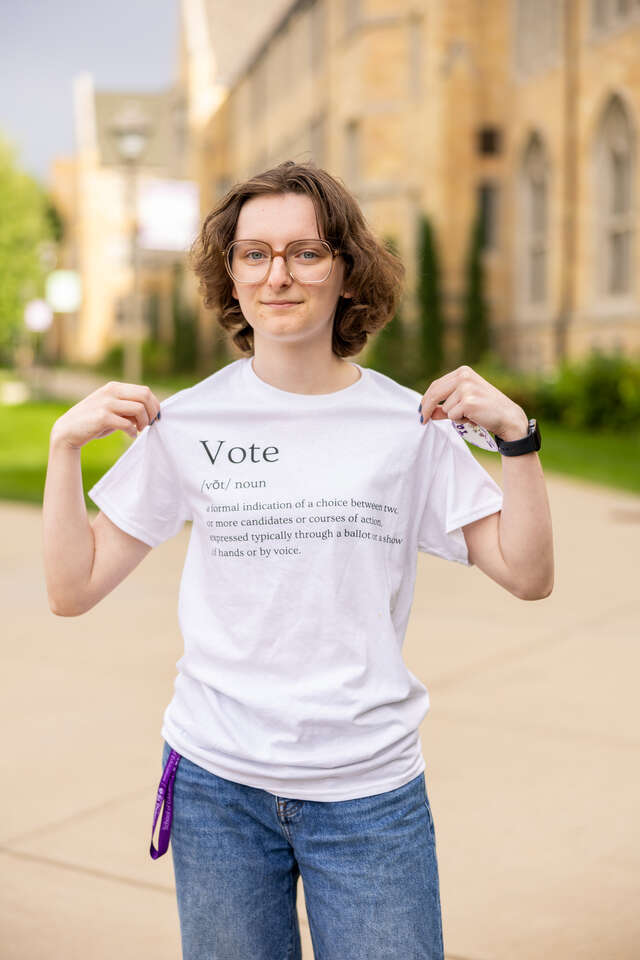 Student wears definition of voting on shirt at Pack the Quad on Monahan Plaza on September 6, 2024 in St. Paul.