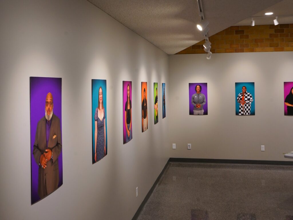 Photo showing the new Culture of Encounter exhibit in the O’Shaughnessy Educational Center Art Gallery