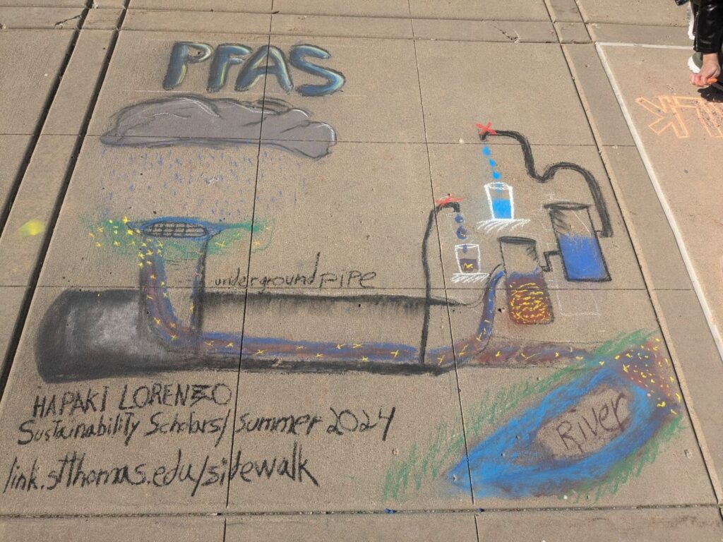 Chalk art by Lorenzo of underground pipe and water filter system. 
