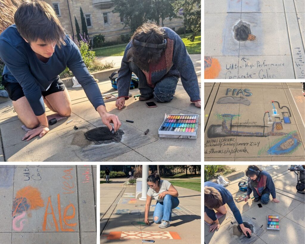 Collage of images representing students making art out of chalk on the sidewalk.