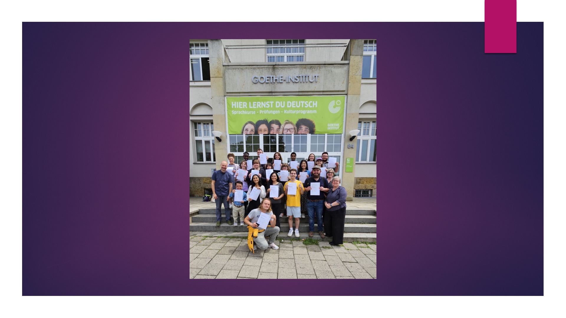 Victoria Baker '26 and her classmates stand in front of the Goethe Institute in Dresden, Germany.