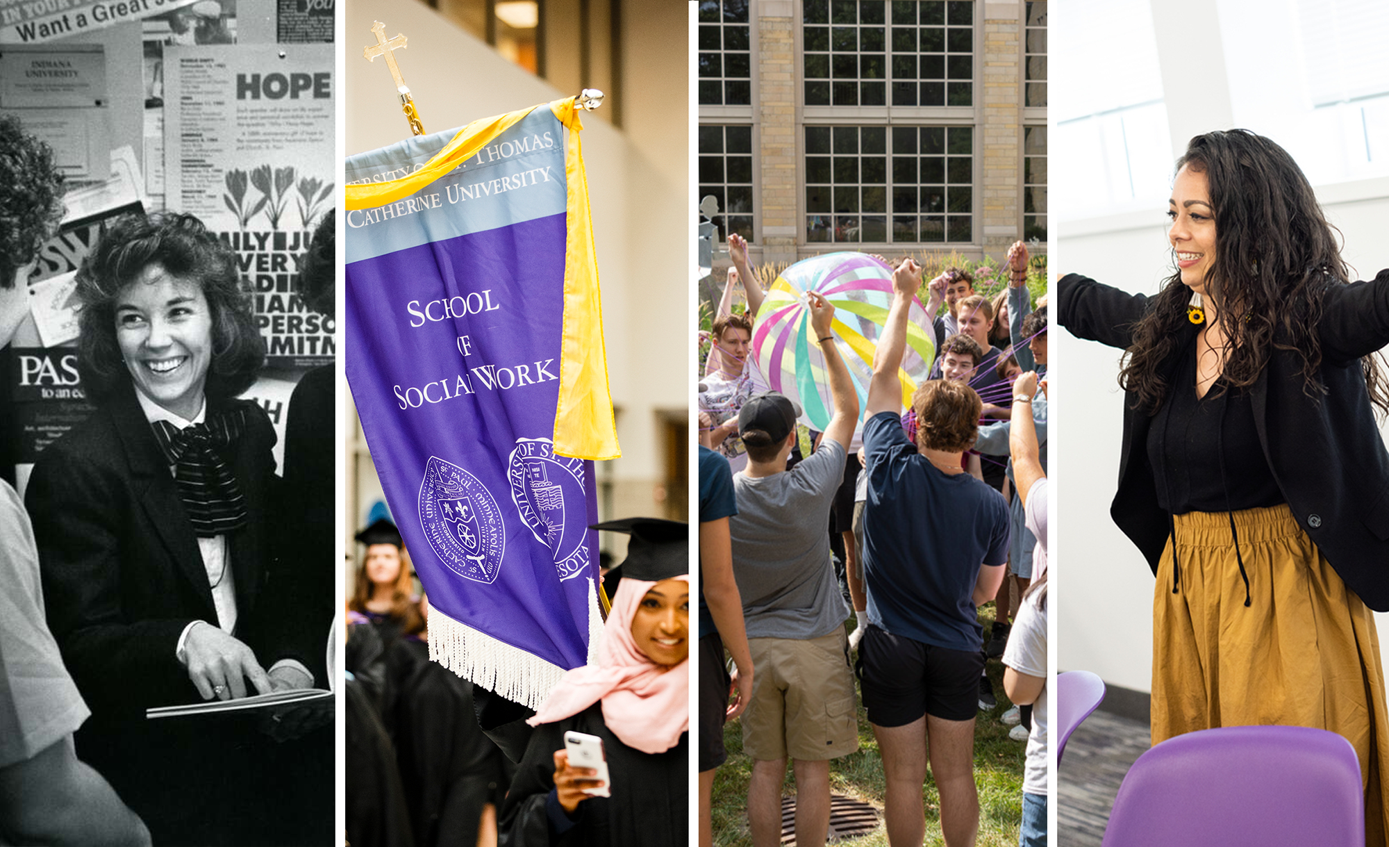 Four images featuring members of the School of Social Work, including former dean Barbara Shank, a graduate carrying the School of Social Work banner at commencement, a group of students involved in a class activity, and professor Alicia Powers