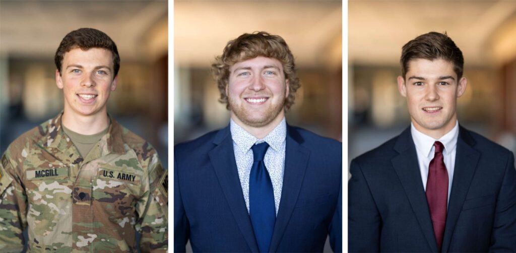 Portraits of the 2024 Tommie Award finalists Aidan McGill, Brecken Thomas and Jack Zupfer