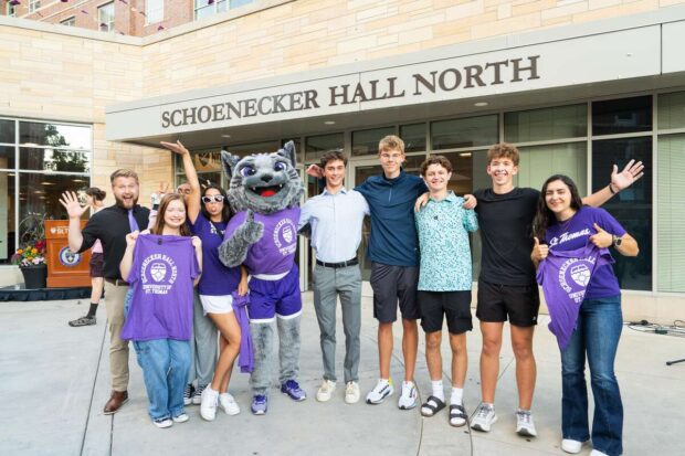 Students, staff, faculty and the St. Thomas Board of Trustees gather to announce a state record-setting gift for scholarships, along with the renaming of Tommie North Residence Hall. The gift came from the Schoeneckers Foundation, a nonprofit established in the name of alum and longtime donor Guy Schoenecker and his wife Barbara. Tommie North Residence Hall was renamed to Schoenecker Hall North. The event took place on the St. Paul campus on September 19, 2024.