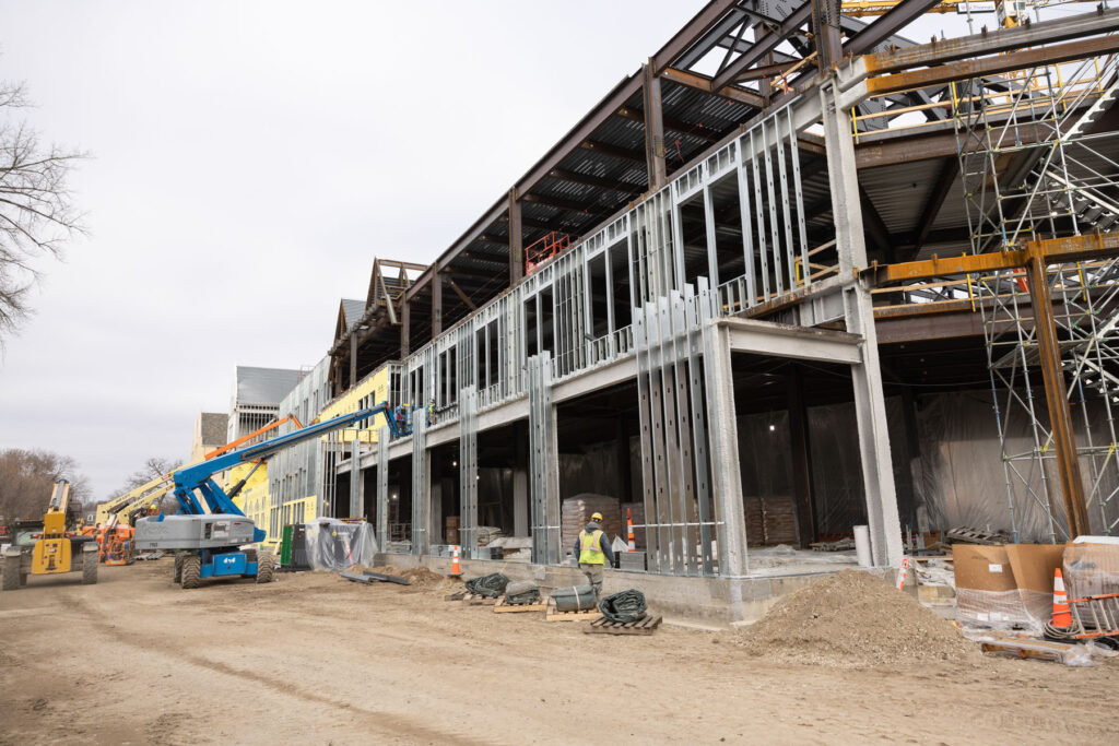 The western facade of the Lee and Penny Anderson Arena under construction.