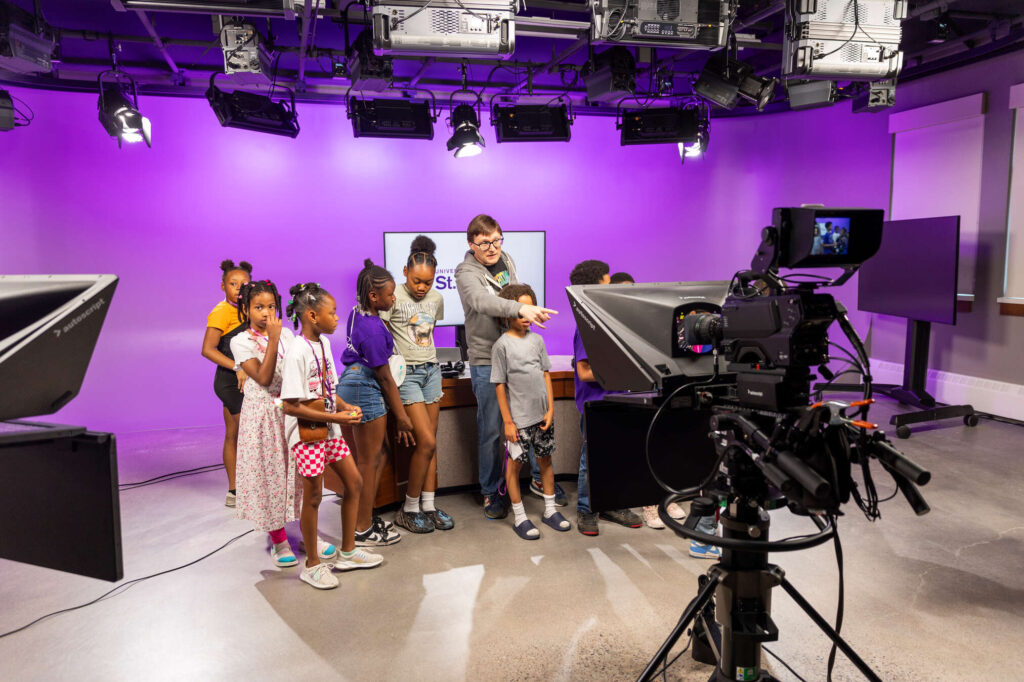 The Maxfield Elementary kids participate in a TV Studio Tour with Peter Gregg during their Summer to the Max campus visit in the Schoenecker Center on June 24, 2025 in St. Paul.