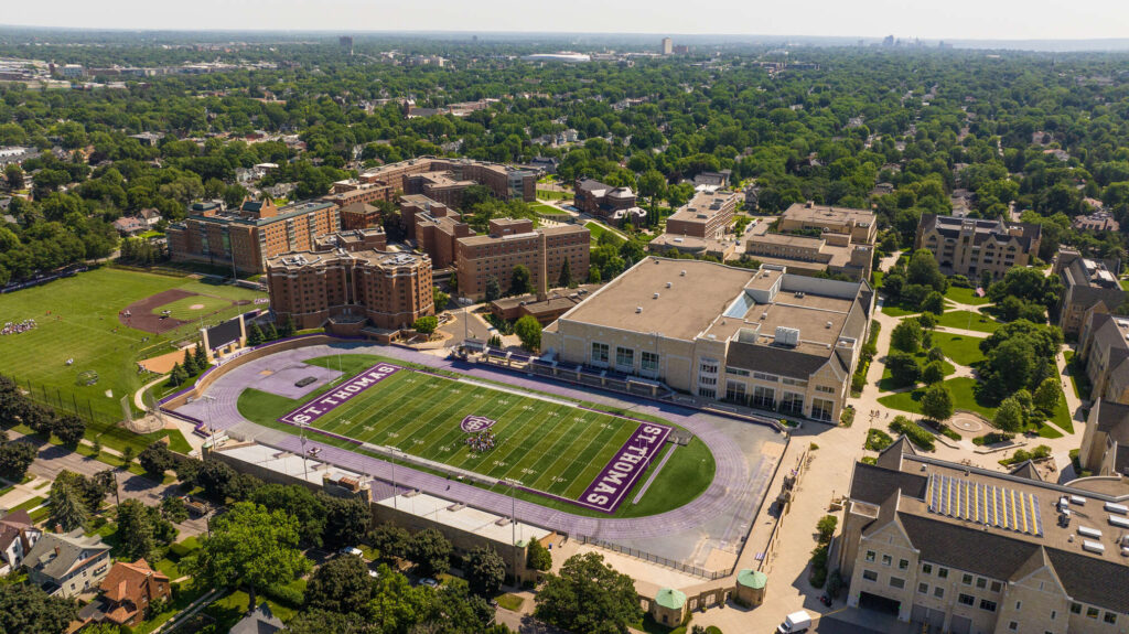 Aerial drone photos of Palmer Football Field on a beautiful summer day on campus on July 1, 2025, in St. Paul. campus scenes