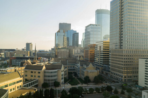 Aerial drone images of Schulze Hall and Terrence Murphy Hall and the skyline in downtown Minneapolis, taken on August 7, 2025.