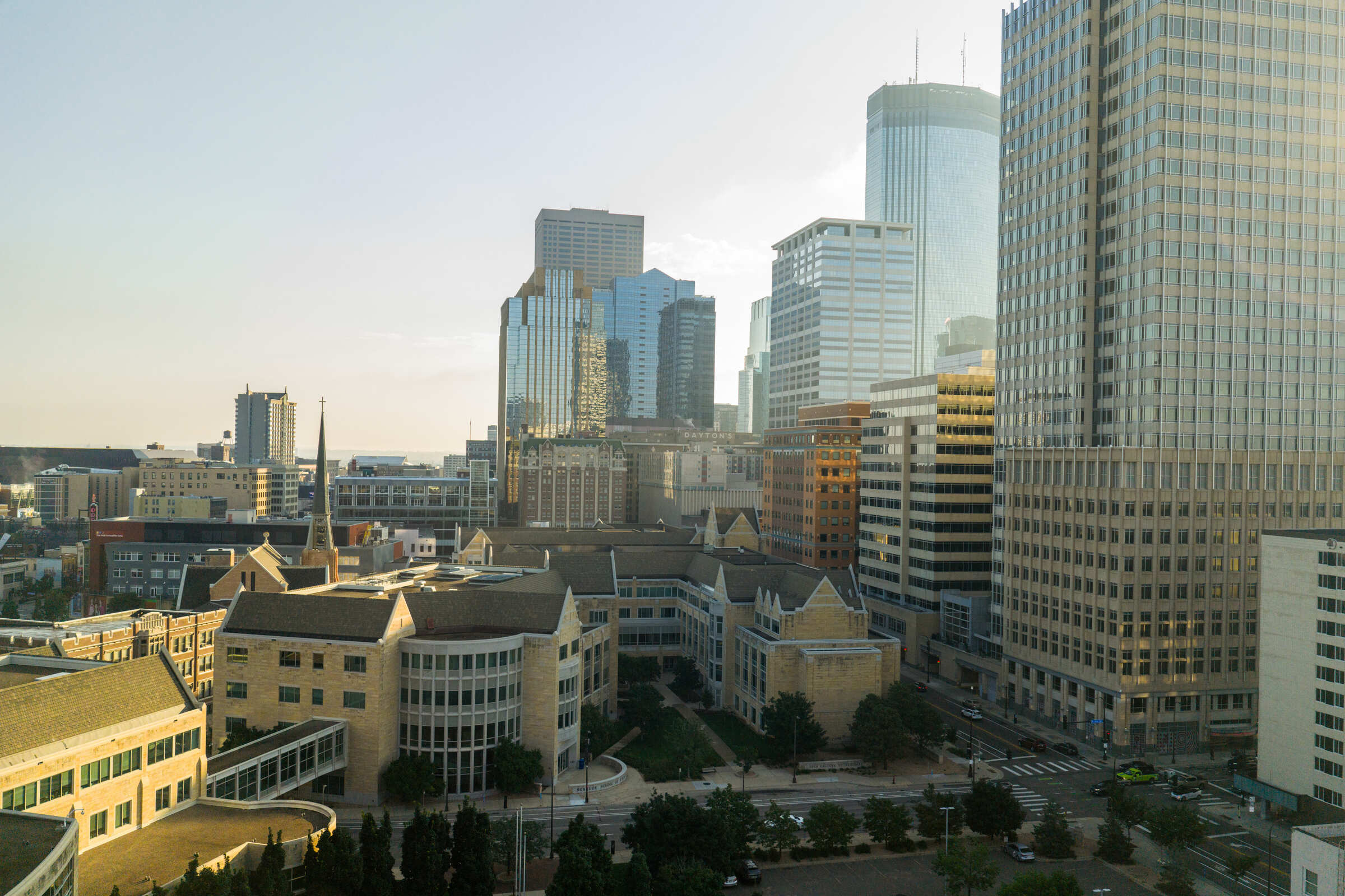Aerial drone images of Schulze Hall and Terrence Murphy Hall and the skyline in downtown Minneapolis, taken on August 7, 2025.