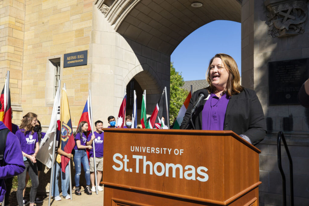 Kristen Hatfield Speaking at a podium