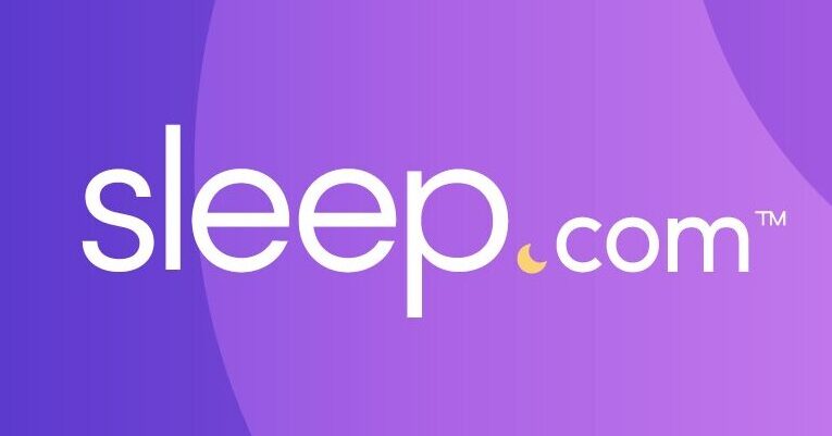 Sleep.com logo with a crescent moon icon.