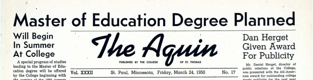 Headline from the Aquin newspaper announcing the Master of Education degree.