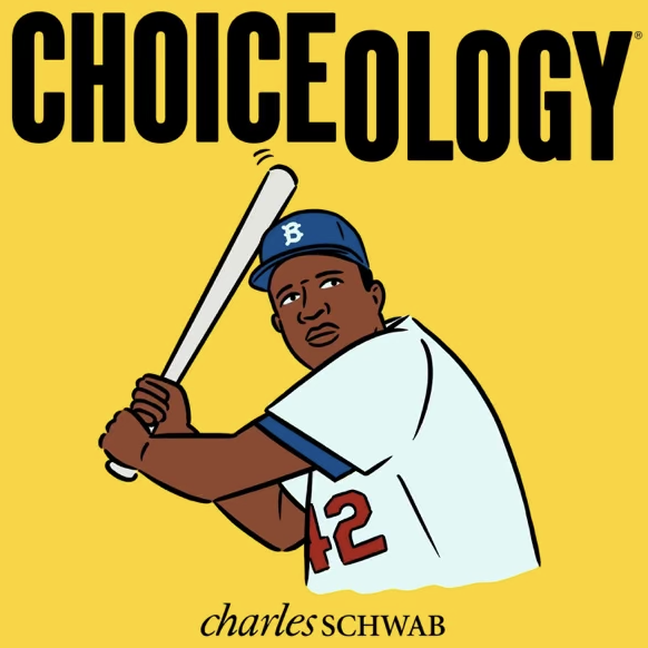 Choiceology podcast cover with a cartoon drawing of Jackie Robinson